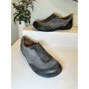 Naturalizer N5 Comfort Womens 10W Grey Suede Black Leather Front Zip Loafers